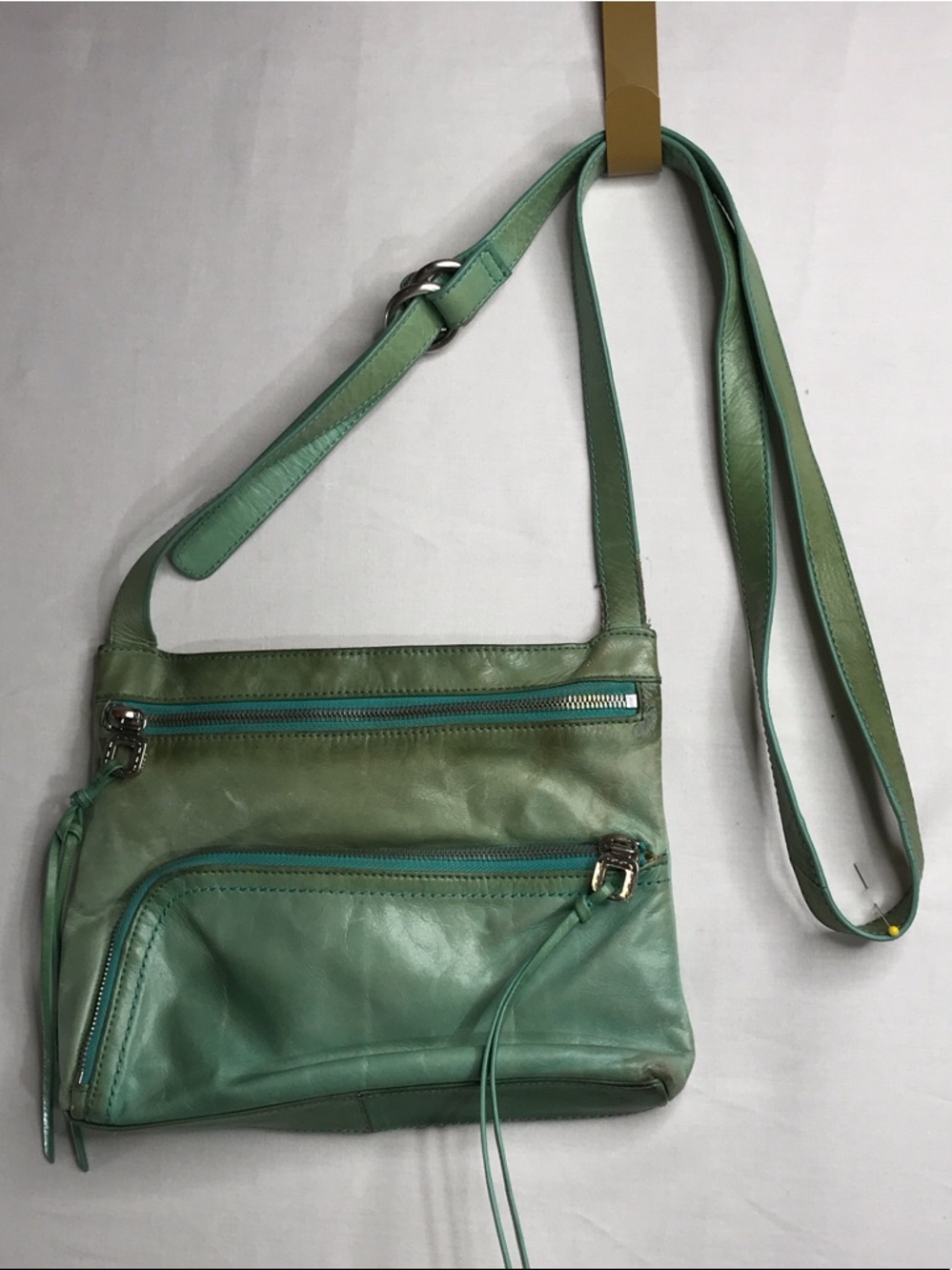 HOBO Pale Aqua Leather Crossbody Bag with Teal Zippers